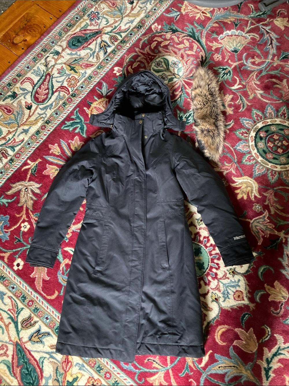Marmot Women's Black Long Hooded Trench Coat with Removable Fur Trim